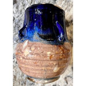 Signed Hand-Made Glazed Pottery Mug/Vase in Blue and Tan- Signed Ann